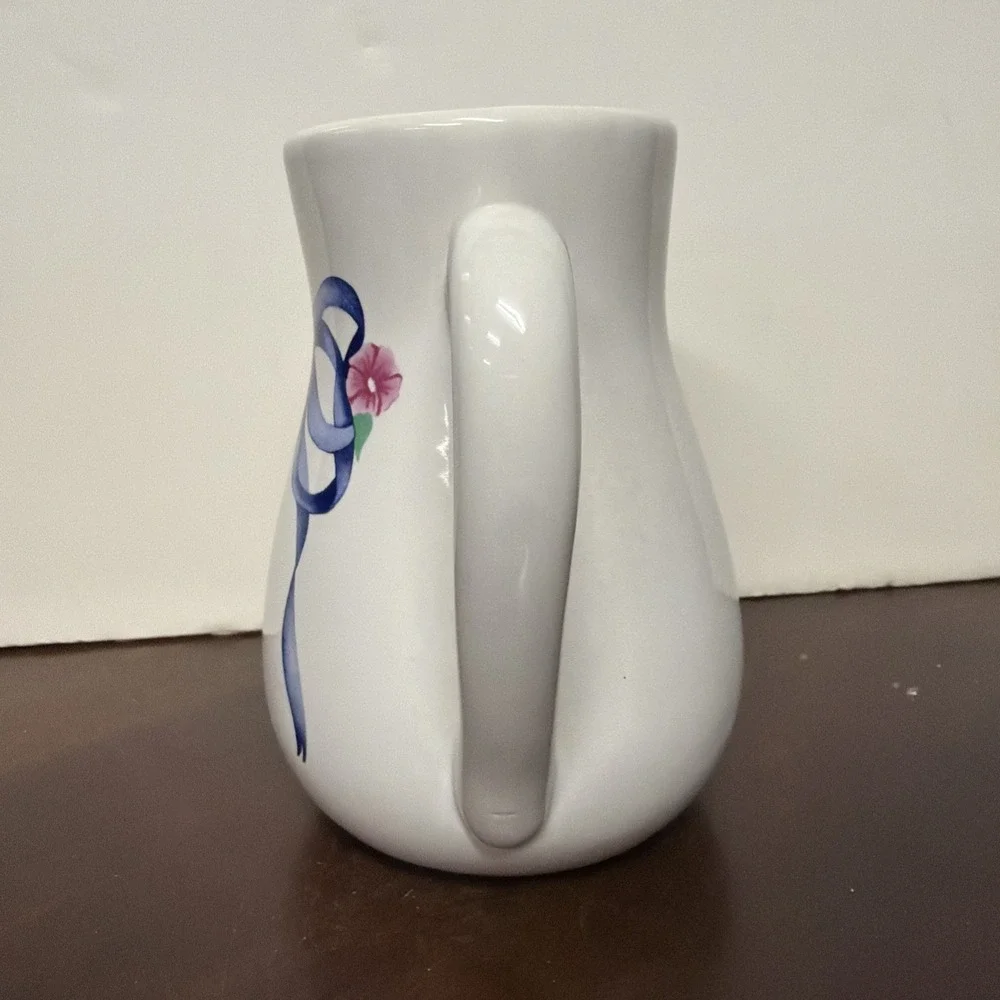 Vintage FTD White Blue Ceramic Pitcher Floral Ribbon Pattern‎ Art Pottery 6